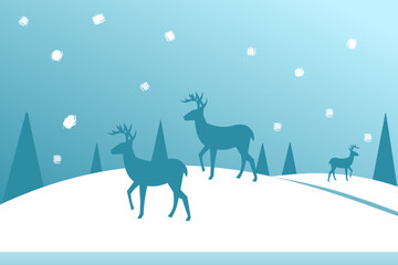 Winter Deer Landscape Background with Snowfall and Pine Trees – Minimal Blue Winter Scene for Holiday and Christmas Design
