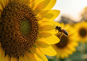 Honeybee approaches blooming sunflower in bright sunlight