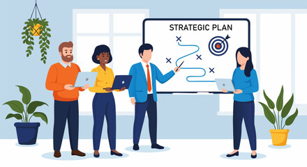 Team Collaborating on Strategic Plan A Visual Representation of Business Goals and Strategy