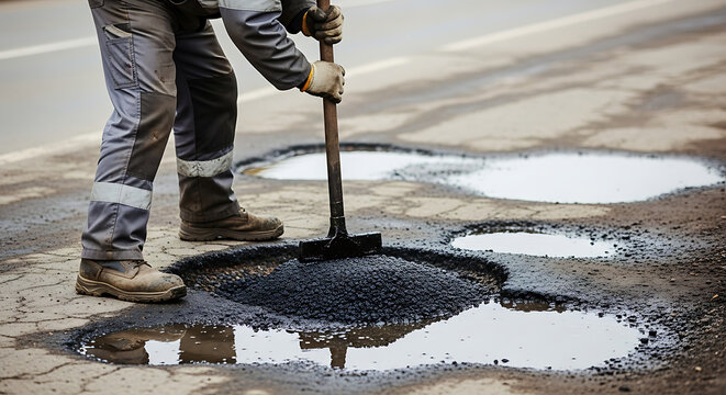 Road repair worker filling a large pothole with asphalt on a wet street