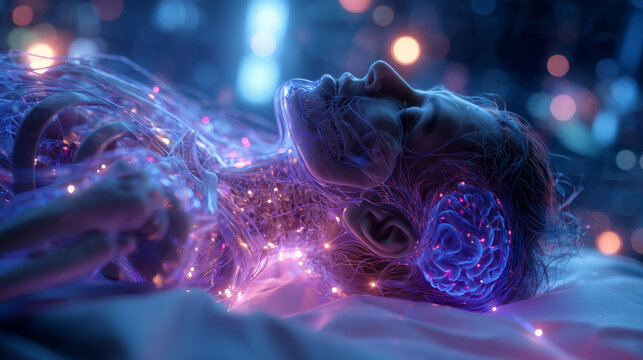 L'anatomie du sommeil avec un corps allong&eacute;, &eacute;clair&eacute; par l'activit&eacute; c&eacute;r&eacute;brale