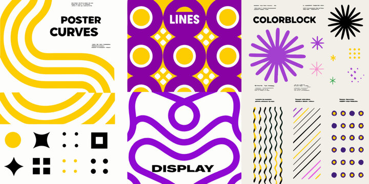 Abstract geometric shapes and patterns in bold yellow purple and black colors
