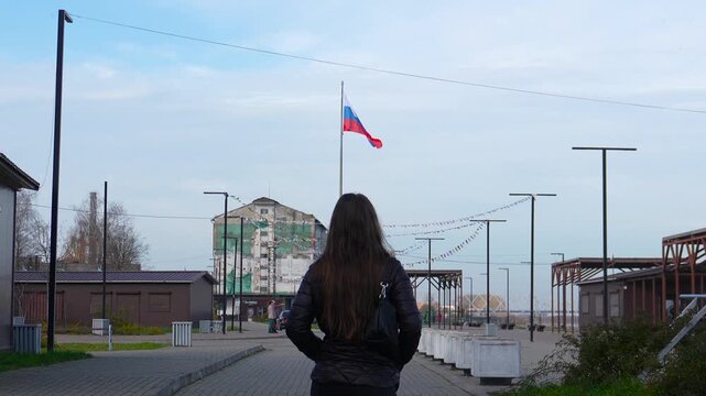 Everyday life in Kaliningrad. A huge Russian flag in Sovetsk on the Lithuanian border.