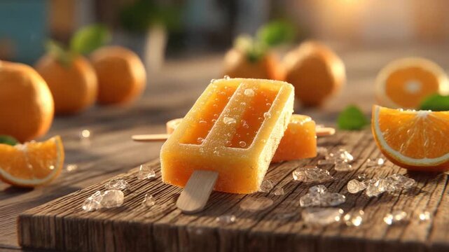 Orange popsicles on a wooden board with ice and orange slices