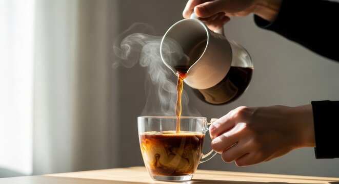 Person pouring coffee into a clear mug on a wooden table with steam rising, in a room with natural light.
