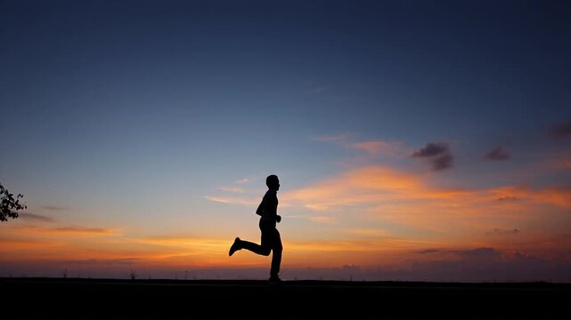  A silhouette of a young man jogging in the evening 