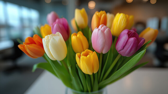 Modern office scene with colorful tulip bouquet enhancing decor and boosting mood and productivity