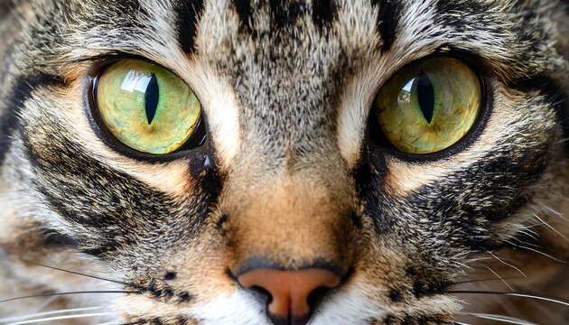 Striking close-up of a tabby cat's face, focusing on its intense green eyes and detailed facial markings - Powered by Adobe