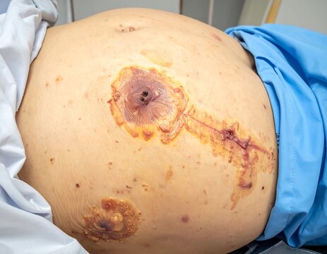 Close-up of an abdomen showing surgical wounds and stomas in a medical context