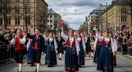People in traditional Norwegian bunad costumes celebrating Norways National Day parade in Oslo.