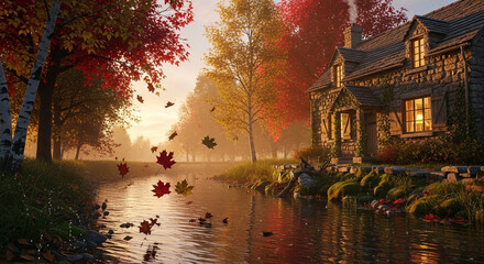 Cozy Autumn Cabin Retreat by a Misty Stream with Vibrant Red and Gold Foliage, Falling Maple Leaves, and Warm Window Light