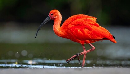 Scarlet Ibis Foraging in Shallow Water - A Vibrant Bird Portrait.