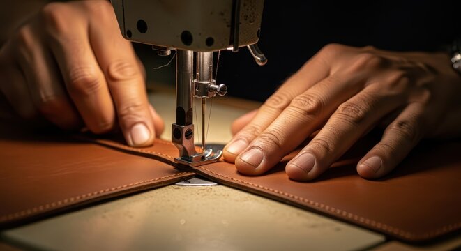 Close-up of hands sewing leather with sewing machine