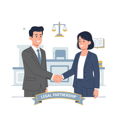 Legal Partnership Agreement Handshake Between Man And Woman Lawyer In Courtroom With Justice Scales Gavel And Law Books In Minimalist Style