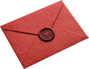 Red envelope with heart wax seal, romantic textured paper, love letter, elegant and vintage style