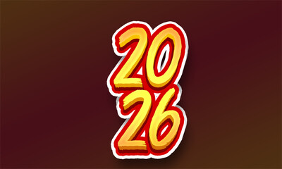 2026 Red Yellow Number Design with White Outline and Shadow Effect