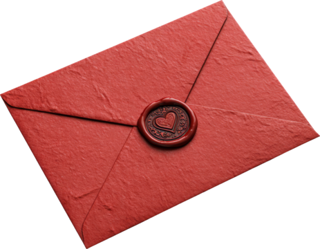 Red envelope with heart wax seal, romantic textured paper, love letter, elegant and vintage style