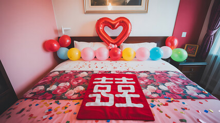 Luxurious Moroccan-style bedroom interior with elegant red and gold curtains, ornate canopy bed, arched doorway, and warm lighting — showcasing traditional craftsmanship and cozy exotic design.
