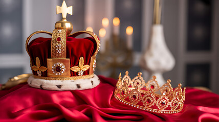 Luxurious Moroccan-style bedroom interior with elegant red and gold curtains, ornate canopy bed, arched doorway, and warm lighting — showcasing traditional craftsmanship and cozy exotic design.