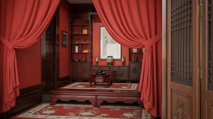 Luxurious Moroccan-style bedroom interior with elegant red and gold curtains, ornate canopy bed, arched doorway,Bridal Chamber,Wedding Night,Chinese wedding elements,Greenleaf Event Management,dreamy,