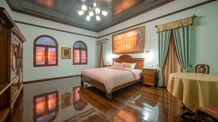 Luxurious Moroccan-style bedroom interior with elegant red and gold curtains, ornate canopy bed, arched doorway,Bridal Chamber,Wedding Night,Chinese wedding elements,Greenleaf Event Management,dreamy,