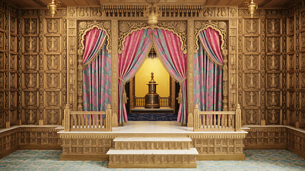 Luxurious Moroccan-style bedroom interior with elegant red and gold curtains, ornate canopy bed, arched doorway,Bridal Chamber,Wedding Night,Chinese wedding elements,Greenleaf Event Management,dreamy,