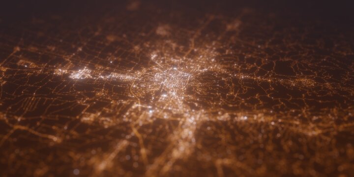Street lights map of Bologna (Italy) with tilt-shift effect, view from west. Imitation of macro shot with blurred background. 3d render, selective focus