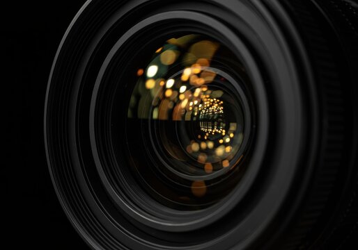 Close up view captures the glass elements and aperture of a photographic objective against a dark background