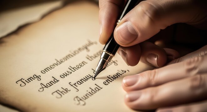 Close-up of a hand writing with a fountain pen on old parchment paper with elegant calligraphy in a warm, nostalgic setting.