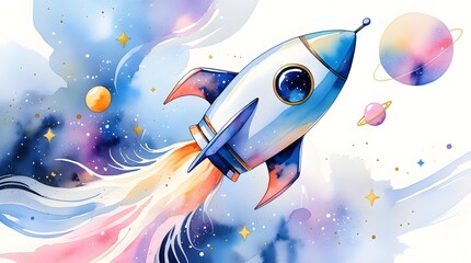 Hand-painted watercolor rocket illustration with soft flowing textures