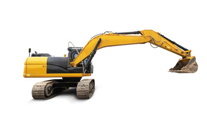 Constructed for efficiency, this excavator stands ready on a stark background, showcasing its robust arm and bucket designed for heavy lifting and digging tasks. © Anoo