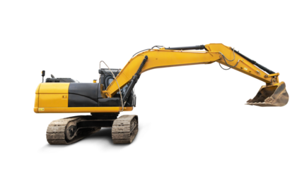 Constructed for efficiency, this excavator stands ready on a stark background, showcasing its robust arm and bucket designed for heavy lifting and digging tasks.