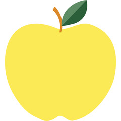 A Single Yellow Apple with a Green Leaf and Brown Stem on a Transparent Background and Simple Design Elements
