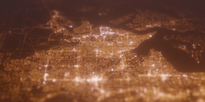 Street lights map of Tacoma (Washington, USA) with tilt-shift effect, view from east. Imitation of macro shot with blurred background. 3d render, selective focus