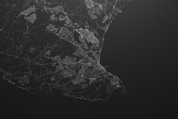 Street map of Port Elizabeth (South Africa) on black paper with light coming from top