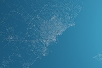 Map of the streets of Sfax (Tunisia) made with white lines on blue paper. Rough background. 3d render, illustration