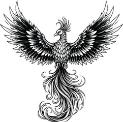 Obraz premium Phoenix bird illustration black and white mythical creature tattoo art eps silhouette