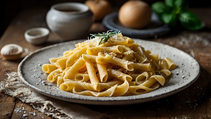 Delicious homemade pasta served on ceramic plate, rustic kitchen background