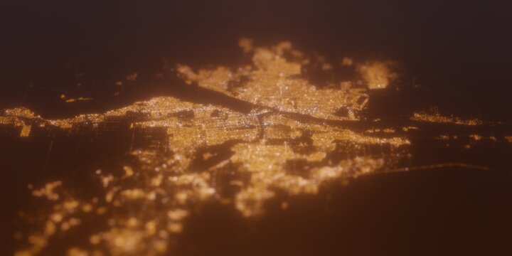 Street lights map of Khartoum and Omdurman (Sudan) with tilt-shift effect, view from east. Imitation of macro shot with blurred background. 3d render, selective focus
