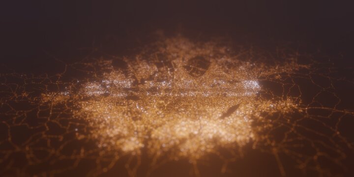 Street lights map of Ibadan (Nigeria) with tilt-shift effect, view from south. Imitation of macro shot with blurred background. 3d render, selective focus