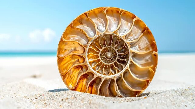 Nautilus Shell on Beach - A Study in Golden Ratio and Coastal Beauty.