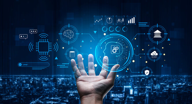 An advanced AI system for business and financial analysis. A futuristic interface for commanding an AI to process data from various domains. Motif