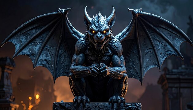 Stone gargoyle with spread wings sits atop a weathered structure with glowing eyes, in a dark and moody setting