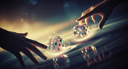 Two hands reaching for colorful dice on a reflective surface with a dark background and warm lighting.