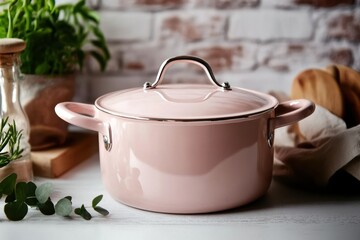 Pink ceramic casserole dish on kitchen counter with brick wall and greenery