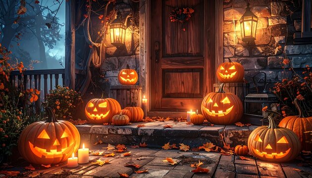 Spooky porch scene with glowing jack-o'-lanterns and fallen leaves, illuminated by warm lantern light at twilight