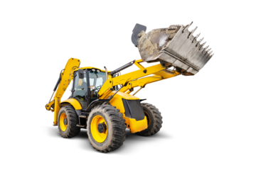 A bright yellow backhoe loader stands poised for action against a clean white background, showcasing its powerful arm and bucket for digging and lifting tasks.