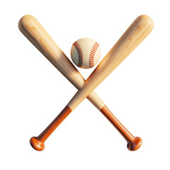 Two wooden baseball bats crossed with a baseball in the center isolated on transparent background