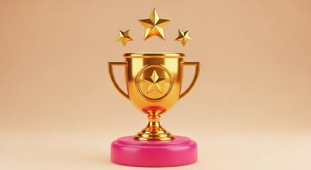 Golden trophy with stars on pink base represents success and achievement