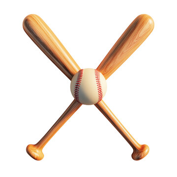 Two wooden baseball bats crossed with a baseball in the center isolated on transparent background